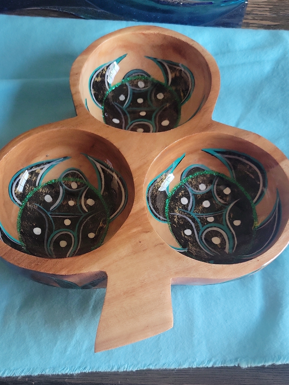 Wooden Triple Snack Bowl with Sea turtles Teal and Black Inlay
